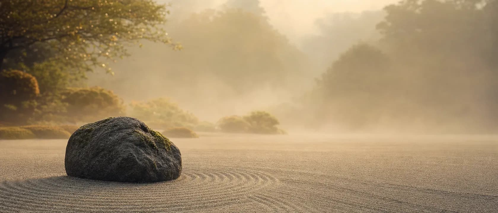 禅庭の石と砂、朝の霧